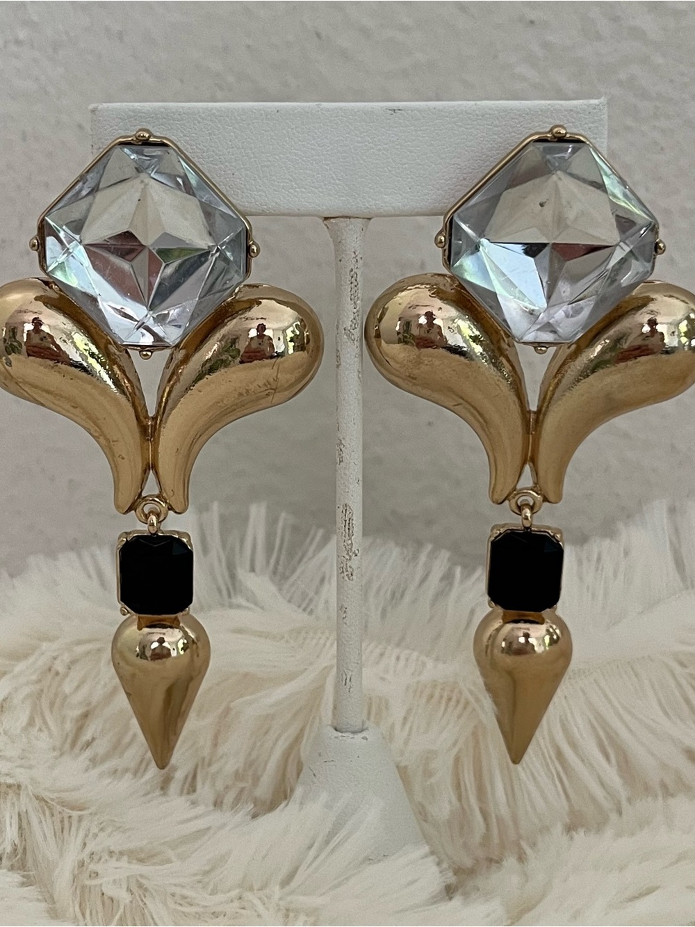 Gold-Tone Statement Drop Earrings with Clear and Black Stones